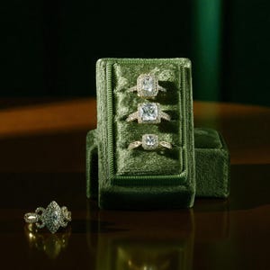 Puede incluir: Una colección de anillos de diamantes exhibidos en un joyero de terciopelo verde. Los anillos presentan diamantes cuadrados y en forma de marquesa engastados en bandas de oro. El joyero es de color verde oscuro, con un fondo verde oscuro.