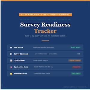 以下が含まれることがあります： オレンジと白のテキストで「Survey Readiness Tracker」というタイトルの濃い青色のデジタルドキュメント。ドキュメントには、「How To Use」、「Survey Dashboard」、「G-Tag Tracker」、「Open Action Items」、「Evidence Library」のセクションが含まれています。