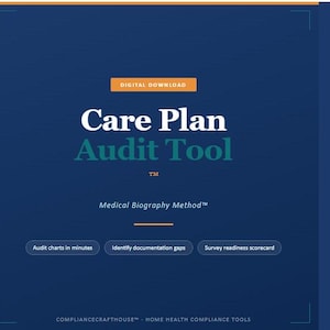 May include: A digital download graphic with a dark blue background. The text reads "Care Plan Audit Tool" in white and teal. Additional text includes "Digital Download," "Medical Biography Method," and bullet points: "Audit charts in minutes," "Identify documentation gaps," and "Survey readiness scorecard."
