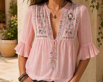 Boho Floral Blouse Women Peasant Top Sheer Tunic Cottagecore Bell Sleeve Shirt