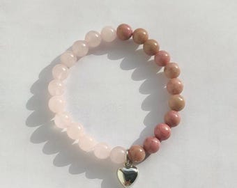 Rose Quartz & Rhodonite Bracelet 6 mm, Heart Charm Bracelet, Pink Gemstone Jewelry, Self Love Crystal Bracelet, Romantic Gift for Her