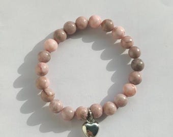 Rhodonite Bracelet 6 mm, Heart Charm Bracelet, Pink Gemstone Jewelry, Emotional Healing Crystal Bracelet, Self Love Gift for Her