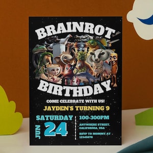 Brainrot 誕生日招待状 編集可能テンプレート | 5x7サイズ 無料Canva招待状 | デジタルダウンロード