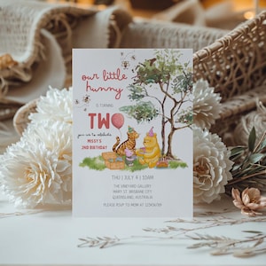 Invitación de cumpleaños de Winnie the Pooh, segundo cumpleaños para niñas, rosa, invitación gratuita en Canva, tarjeta editable, imprimible, clásica, vintage, oso