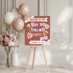 Modèle de décoration de fête Vision Board, thème rose, nuit de filles sur toile, panneau de bienvenue modifiable, humeur, fixation d'objectifs, téléchargement immédiat