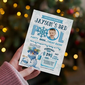 May include: A blue and white birthday party invitation with a snowman holding a beach ball and a blue drink. The invitation says "Come make a splash at Jayson's 3rd Pool Party Brrr...thday Bashi!" with a photo of a young boy. The date is February 29th, 3:00-5:00pm.