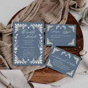 Modello Cielito Lindo Baby Shower Invitation Blue Hermosa carino Papel Picado Talavera design Download immediato per festa a tema messicano