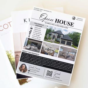 Folleto de puertas abiertas con código QR editable Plantilla de Canva Folleto de oferta inmobiliaria Promoción en redes sociales Descarga instantánea