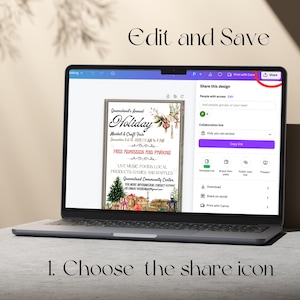 May include: A computer screen displaying a Canva design for a holiday market and craft fair. The design features a watercolor illustration of a Christmas scene with a red truck, presents, and a lantern. The text on the design reads "Queensland's Annual Holiday Market & Craft Fair" and includes the date and time of the event. The screen also shows the Canva share options, including "Share this design", "People with access", "Collaboration link", and "Copy link".