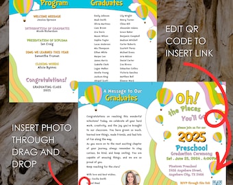 Plantilla de invitación y programa de graduación de preescolar: Diseño editable en Canva (imprimible)