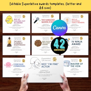 Może przedstawiać: Zestaw edytowalnych szablonów nagród w superlatywach w formatach listu i A4. Nagrody obejmują kategorie takie jak „Najlepszy w unikaniu członków rodziny” i „Mistrz żyły”. Obraz pokazuje 42 certyfikaty.