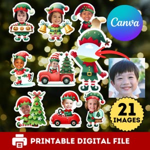 May include: A collection of 21 Christmas-themed digital stickers featuring children's faces in elf costumes. The stickers include elves with bells, cookies, Christmas trees, and red cars. The Canva logo is visible, along with the text "Printable Digital File."