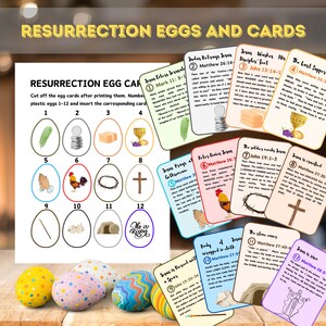 Huevos de resurrección y tarjetas con historias Actividad de búsqueda de huevos de Pascua imprimible para niños Ideas para la escuela dominical para maestros Temporada de Cuaresma
