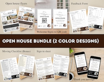 Pode incluir: Um pacote digital de materiais de marketing para um dia de portas abertas imprimíveis. O pacote inclui dois designs de cores para folhetos de dias de portas abertas, placas de boas-vindas com códigos QR, um formulário de feedback, uma lista de verificação de mudança e uma folha de inscrição. O pacote é totalmente editável no Canva.