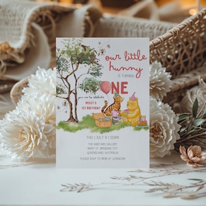 Winnie de Poeh verjaardagsuitnodiging voor meisjes roze gratis canva uitnodiging bewerkbare afdrukbare kaart vintage klassieke beer instant download