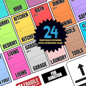 Puede incluir: Un conjunto de 24 etiquetas de cajas de mudanza imprimibles con una página de inventario. Las etiquetas están codificadas por colores y presentan nombres de habitaciones como "Cocina", "Dormitorio" y "Sala de estar". Las etiquetas también tienen un espacio para escribir el número de la caja y el contenido.