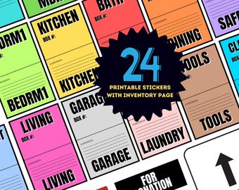 May include: A set of 24 printable moving box labels with an inventory page. The labels are color-coded and feature room names like "Kitchen", "Bedroom", and "Living Room".  The labels also have a space for writing the box number and contents.