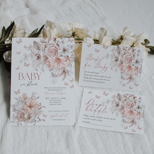 Uitnodigingssjabloon Baby in Bloom Pink Beige Blush Flowers voor meisjes genderneutraal bewerkbare gratis canvas uitnodiging