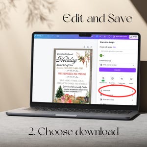 May include: A computer screen displaying a Canva design for a holiday market and craft fair. The design features a festive illustration of a Christmas tree, presents, and a lantern. The text on the design reads "Queensland's Annual Holiday Market & Craft Fair" and includes the date and time of the event. The screen also shows the Canva interface with options to edit, share, and download the design.