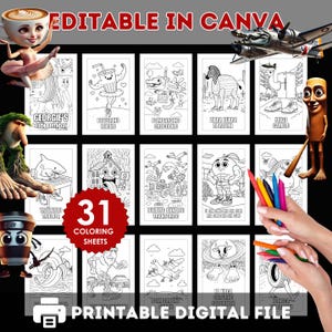 May include: A digital file containing 31 colouring sheets with cartoon illustrations and text. The sheets include phrases like "GEORGIE'S 10TH BIRTHDAY" and "PRINTABLE DIGITAL FILE". The image also includes the text "EDITABLE IN CANVA".