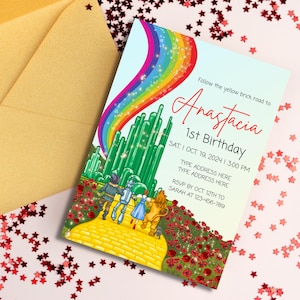 Zauberer von oz Einladungsvorlage Geburtstag bearbeitbares Canva über den Regenbogenentwurf sofortiger Download einladen