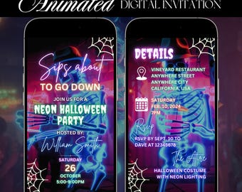 May include: Animated digital invitation for a Neon Halloween Party. The design features neon blue skeletons, spiderwebs, and event details on a smartphone screen. Includes date, time, location, and RSVP information.