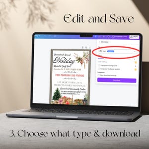 May include: A computer screen showing a Canva design for a holiday market and craft fair. The design features a festive illustration of a Christmas tree, presents, and a lantern. The text on the design reads "Queensland's Annual Holiday Market & Craft Fair" and includes the date and time of the event. The screen also shows a download menu with options for file type and quality.