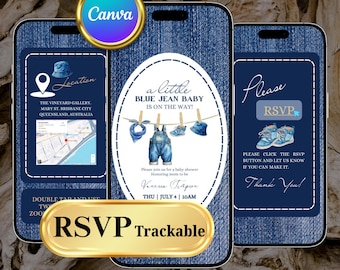 Plantilla de invitación para bebé de Blue Jean, sitio web gratuito de Canva, invitación con RSVP rastreable