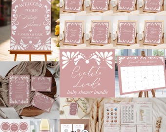 May include: Pink and white baby shower printable bundle with the text "Cielito Linda" and a floral design. The bundle includes invitations, games, decorations, and a calendar.