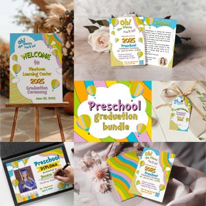 Vorschul-Abschluss-Zeremonie-Programm-Vorlagen-Bundle | Diplom-Urkunde | Kostenlos Canva bearbeitbare Einladung | Favor Tags | Willkommensschild