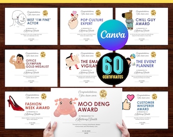 May include: A set of nine printable award certificates with funny illustrations and text. The certificates are designed for a variety of occasions and feature titles like "Best "I'm Fine" Actor", "Pop Culture Expert", "Chill Guy Award", "Office Olympian Gold Medalist", "The Email Vigilant", "The Event Planner", "Fashion Week Award", "Moo Deng Award", and "Customer Whisperer Award".
