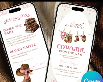 Animowane zaproszenie na baby shower w stylu kowbojki: motyw westernu (szablon Canva)