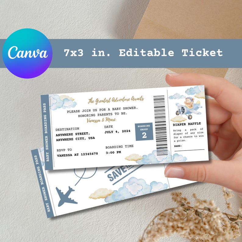 May include: A blue and white baby shower invitation in the shape of an airplane ticket. The invitation says "The Greatest Adventure Awaits" and includes details for a baby shower honoring Vanessa & Marc. The date is July 4, 2024, and the boarding time is 3:00 PM. The invitation also includes a diaper raffle.