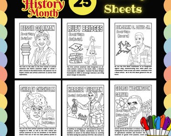 May include: A set of 25 coloring sheets featuring black history figures. Each sheet includes a black and white illustration of a notable person, their name, and a brief description of their accomplishments. The figures include Bessie Coleman, Ruby Bridges, Benjamin O. Davis Jr., Shirley Chisholm, Harriet Tubman, and George Washington Carver.
