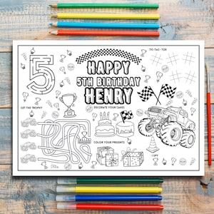 May include: A black and white coloring page for a 5th birthday party. The page features a monster truck, a maze, a tic-tac-toe game, and a "Happy 5th Birthday Henry" banner.