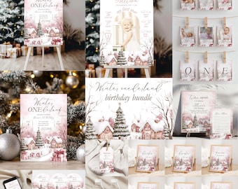 May include: A winter wonderland themed first birthday party printable bundle with a pink and white color scheme. The bundle includes a welcome sign, a first year milestone sign, a thank you tag, water bottle labels, cupcake toppers, and more.