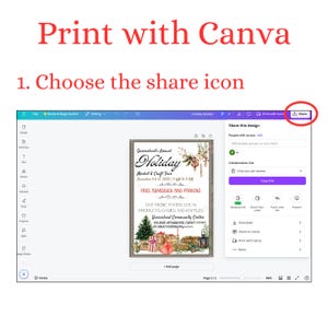 Puede incluir: Una pantalla de computadora muestra una interfaz de dise&ntilde;o de Canva con el texto "Imprimir con Canva". El dise&ntilde;o presenta un cartel de mercado navide&ntilde;o con texto e ilustraciones festivas. Las instrucciones dicen que elijas el icono de compartir.