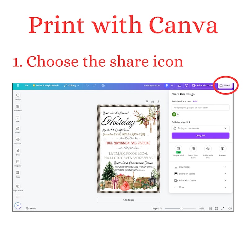 Puede incluir: Una pantalla de computadora muestra una interfaz de dise&ntilde;o de Canva con el texto "Imprimir con Canva". El dise&ntilde;o presenta un cartel de mercado navide&ntilde;o con texto e ilustraciones festivas. Las instrucciones dicen que elijas el icono de compartir.