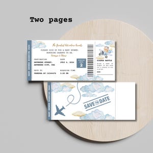 May include: A blue and white baby shower invitation in the shape of a boarding pass with a cartoon airplane and clouds. The text reads "The Greatest Adventure Awaits" and "Save the Date".