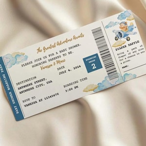 Boarding pass baby shower Invitation Template Blue Travel Theme Airplane Plane Canva Editable Invite