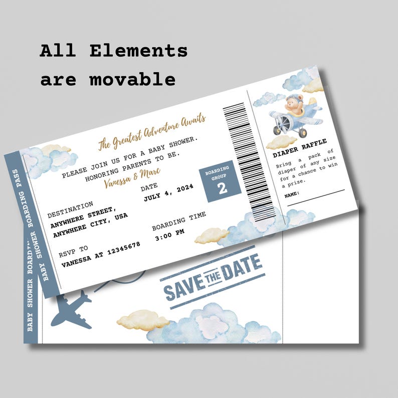 May include: A blue and white baby shower invitation in the shape of an airplane ticket. The invitation features a cartoon bear pilot flying a plane in the clouds. The text on the invitation reads "The Greatest Adventure Awaits" and includes details about the baby shower, such as the date, time, and location. The invitation also includes a "Save the Date" stamp.