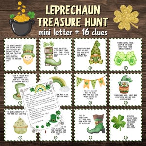 Juego de búsqueda del tesoro del duende imprimible con mini paquete de cartas editables / Juego de búsqueda del tesoro del día de San Patricio / Descarga instantánea
