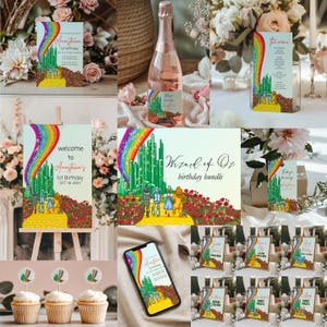 Puede incluir: Una colección de decoraciones para fiestas de cumpleaños con el tema del Mago de Oz. Los diseños presentan un arcoíris, la Ciudad Esmeralda y personajes de la película. Los artículos incluyen invitaciones, letreros, adornos para cupcakes y una botella de champán.