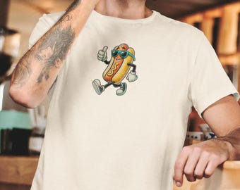 Happy Hotdog T-Shirt, Fun Foodie Tee, Smiley Hot Dog Top, Unisex Graphic Shirt, Comfy Cotton Clothing, Quirky Cartoon Apparel