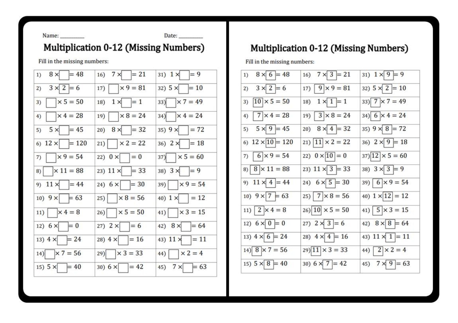 Multiplication Worksheets: Missing Numbers 0-12 (PDF) - Etsy