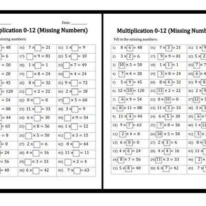 Multiplication Worksheets: Missing Numbers 0-12 (PDF) - Etsy