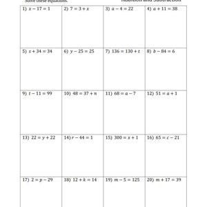 May include: A worksheet with math problems for solving one-step equations with whole numbers. The problems involve addition and subtraction. The worksheet is titled "One-Step Equations with Whole Numbers (no Negatives)".