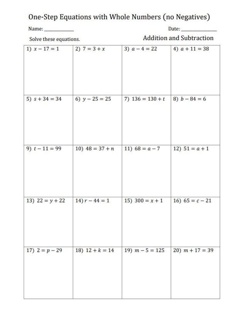 May include: A worksheet with math problems for solving one-step equations with whole numbers. The problems involve addition and subtraction. The worksheet is titled "One-Step Equations with Whole Numbers (no Negatives)".