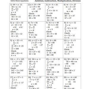 May include: A worksheet with math problems for solving one-step equations with whole numbers. The problems include addition, subtraction, multiplication, and division. The worksheet is divided into 20 sections, each with a different equation to solve.
