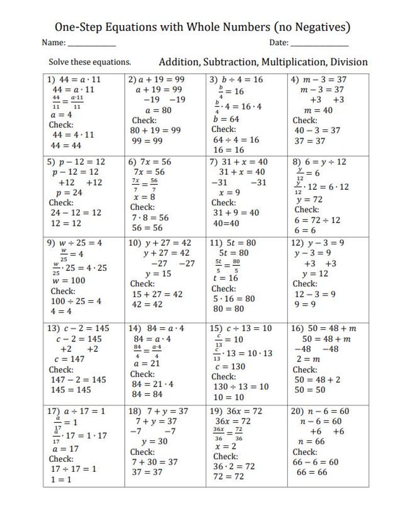 May include: A worksheet with math problems for solving one-step equations with whole numbers. The problems include addition, subtraction, multiplication, and division. The worksheet is divided into 20 sections, each with a different equation to solve.